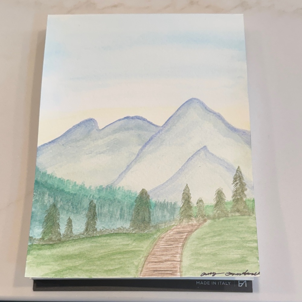 Hand-Painted Mountain Landscape Watercolor - Green and Blue 6 by 8 in.